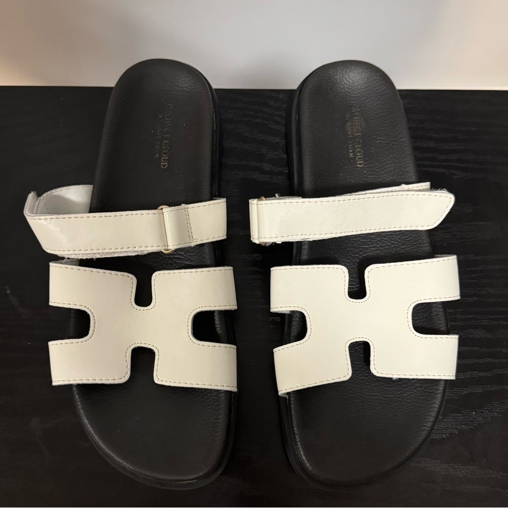 White Cutout Leather Slide Sandals with Strap - Women's